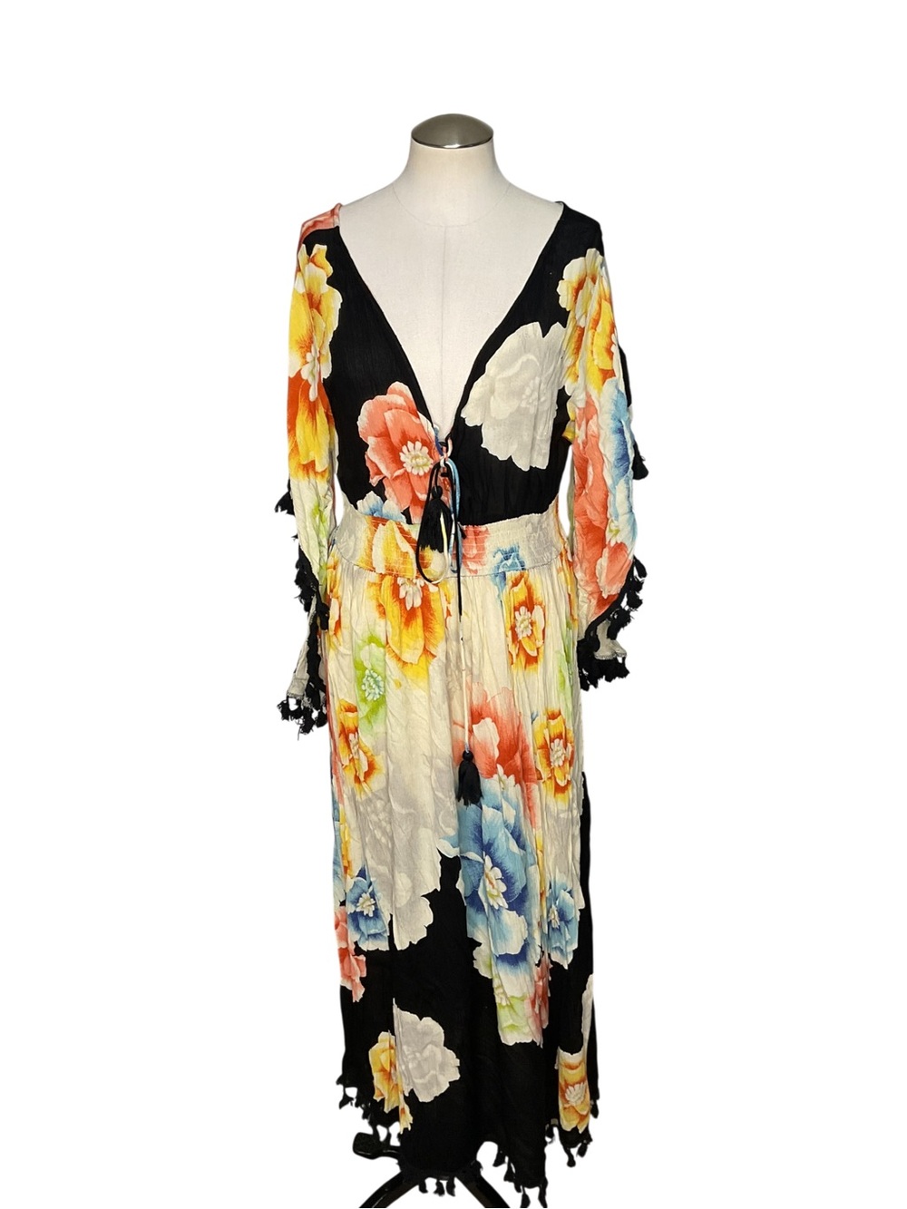 ME2MAGIC Made in Italy Floral Boho Maxi Dress Tassel Fringe Large